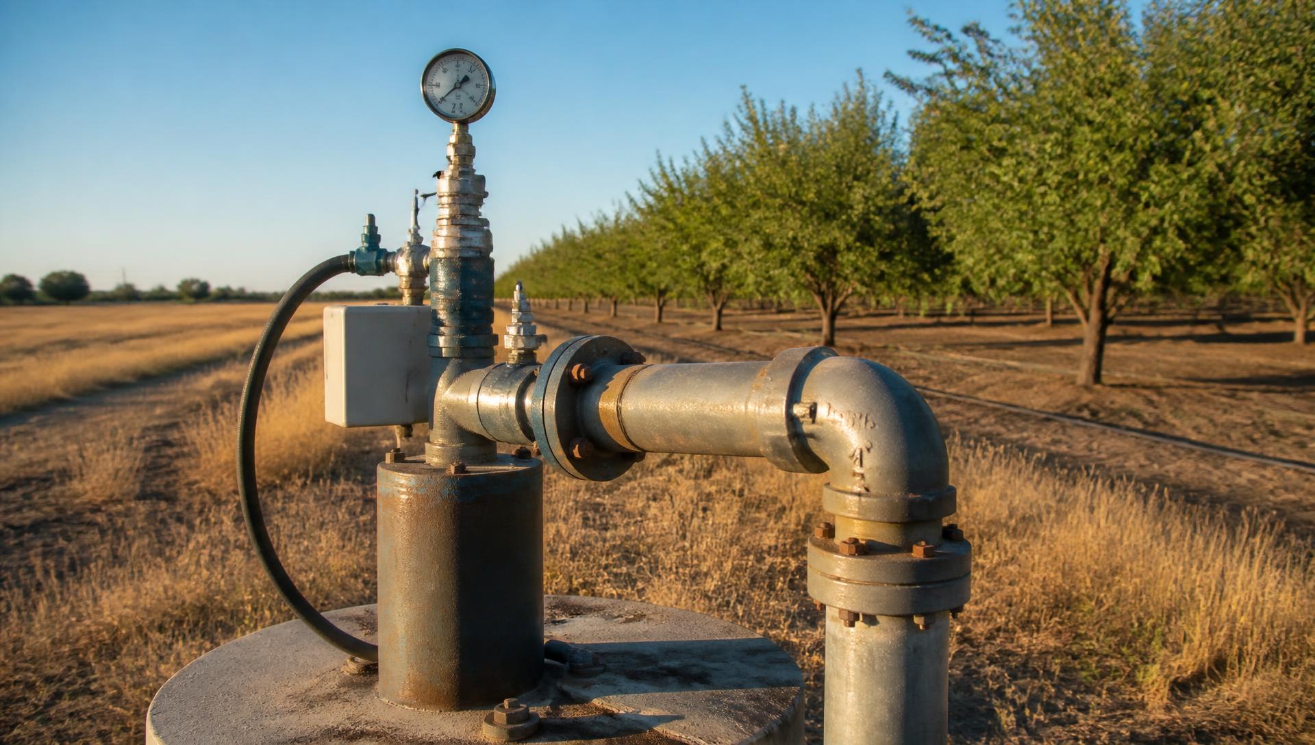 Steel well head with a pressure gauge standing in a Central Valley almond orchard field at golden hour
